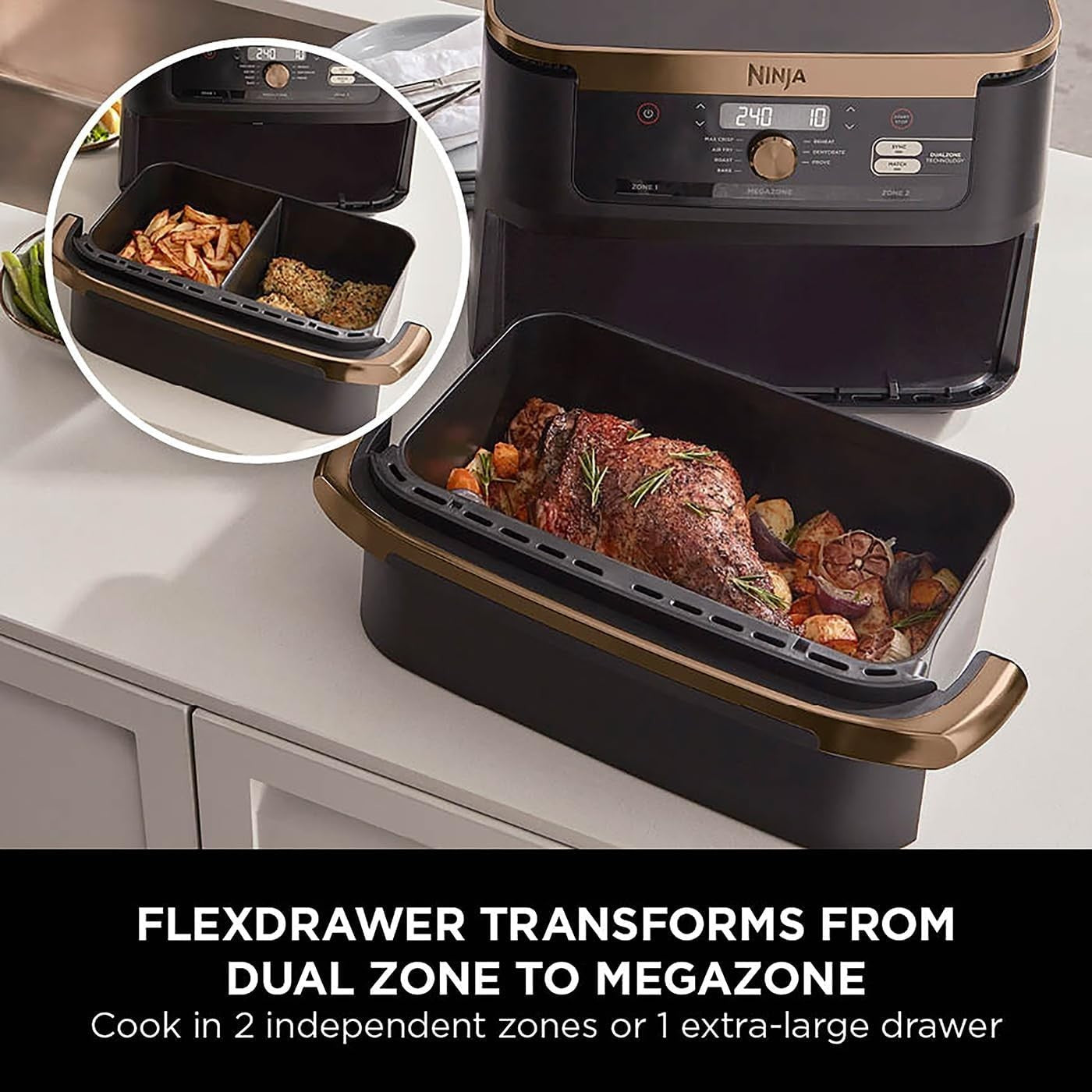 Dual Zone Air Fryer 10.4L XXL Drawer Removable Divider 7-in-1 2400W
