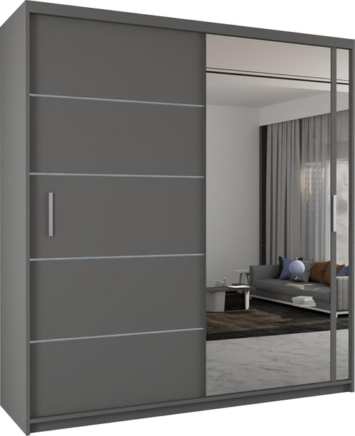 Grey Sliding Mirror Wardrobe 203cm Modern Bedroom Storage Closet