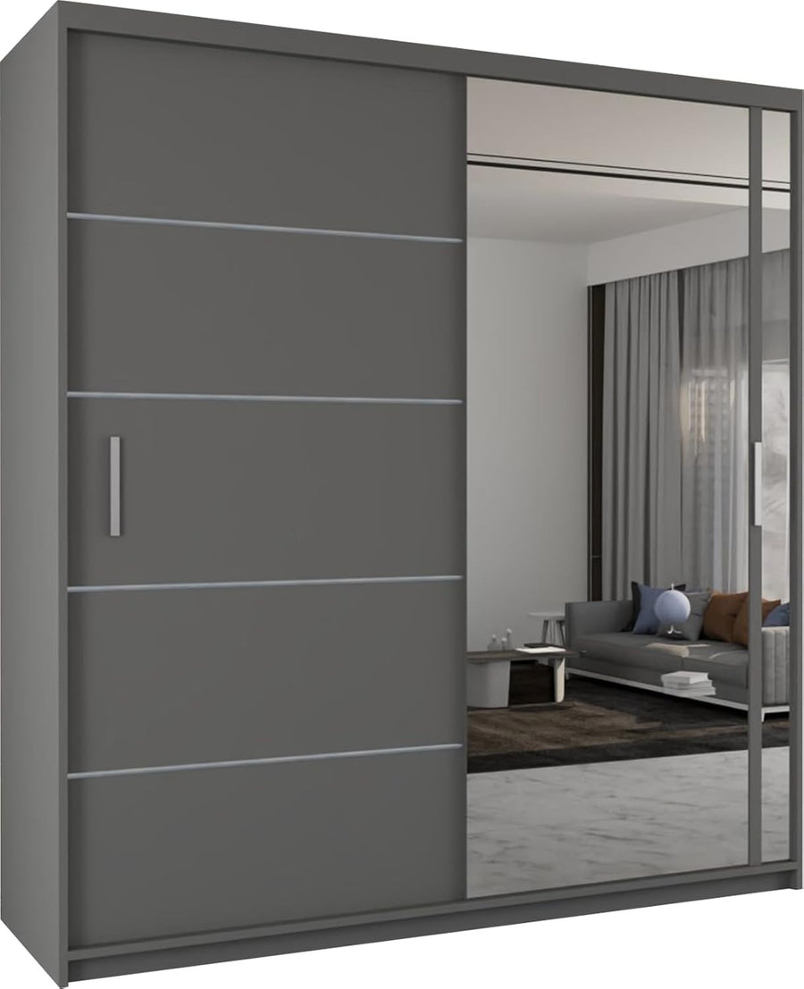 Grey Sliding Mirror Wardrobe 203cm Modern Bedroom Storage Closet