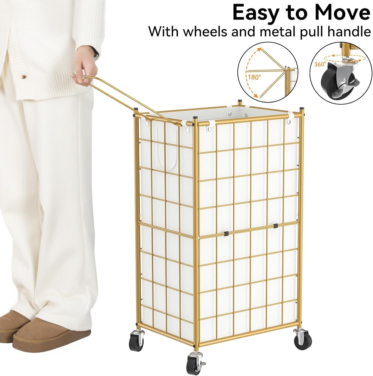 100L Rolling Laundry Hamper with Wheels Gold Metal Frame Removable Bag