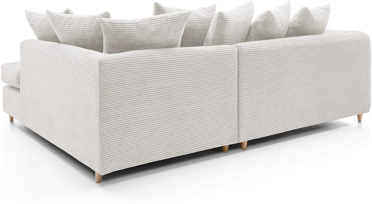 White Jumbo Cord Right Hand L Shaped Sofa | Deep Cushions | Durable Wood Frame