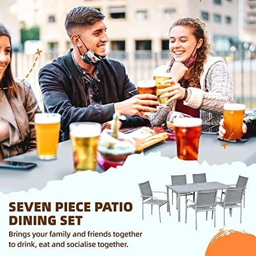 7-Piece Outdoor Garden Dining Set Table & 6 Stackable Chairs Grey