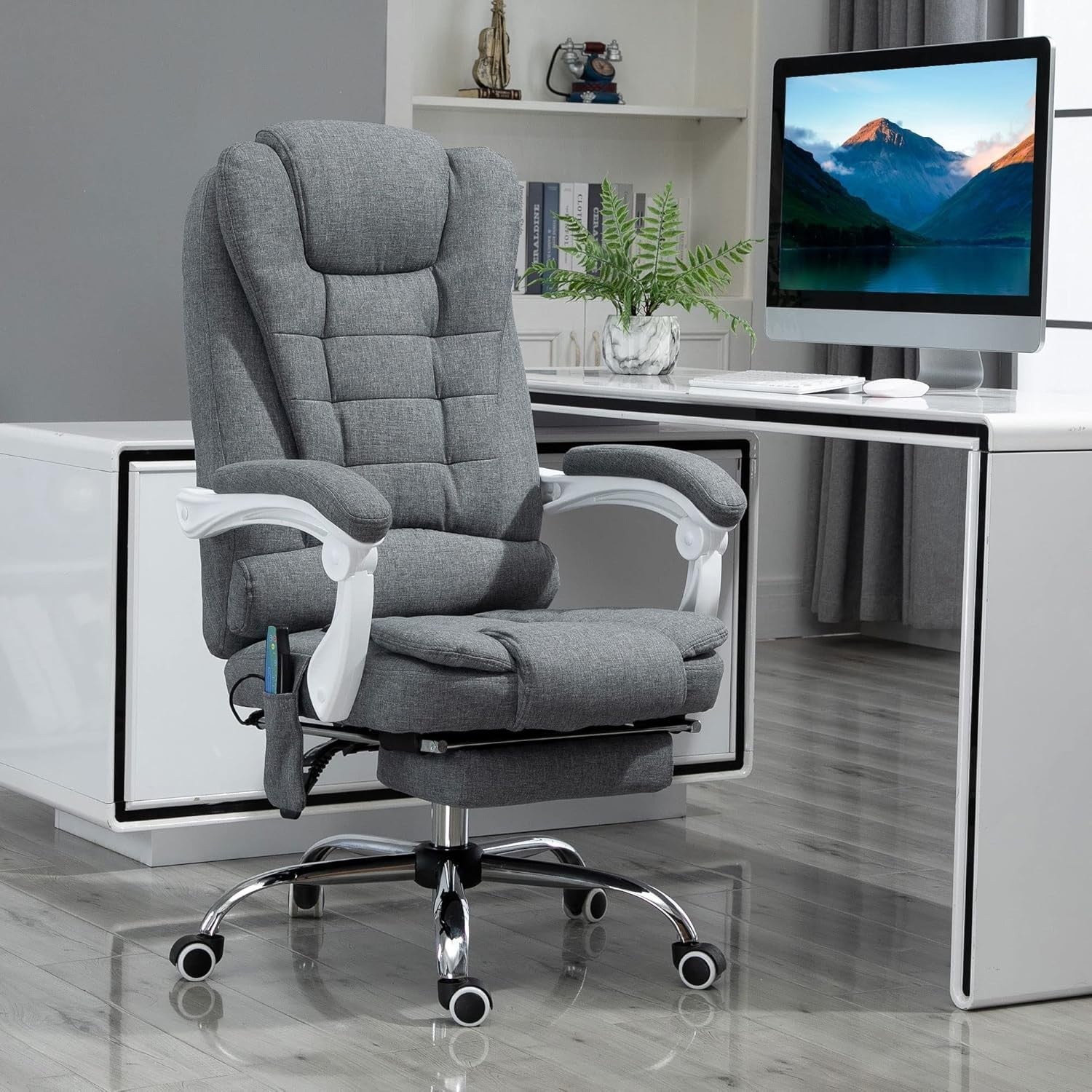 Massage Office Chair Recliner Heated Seat Footrest High Back Home Desk Grey