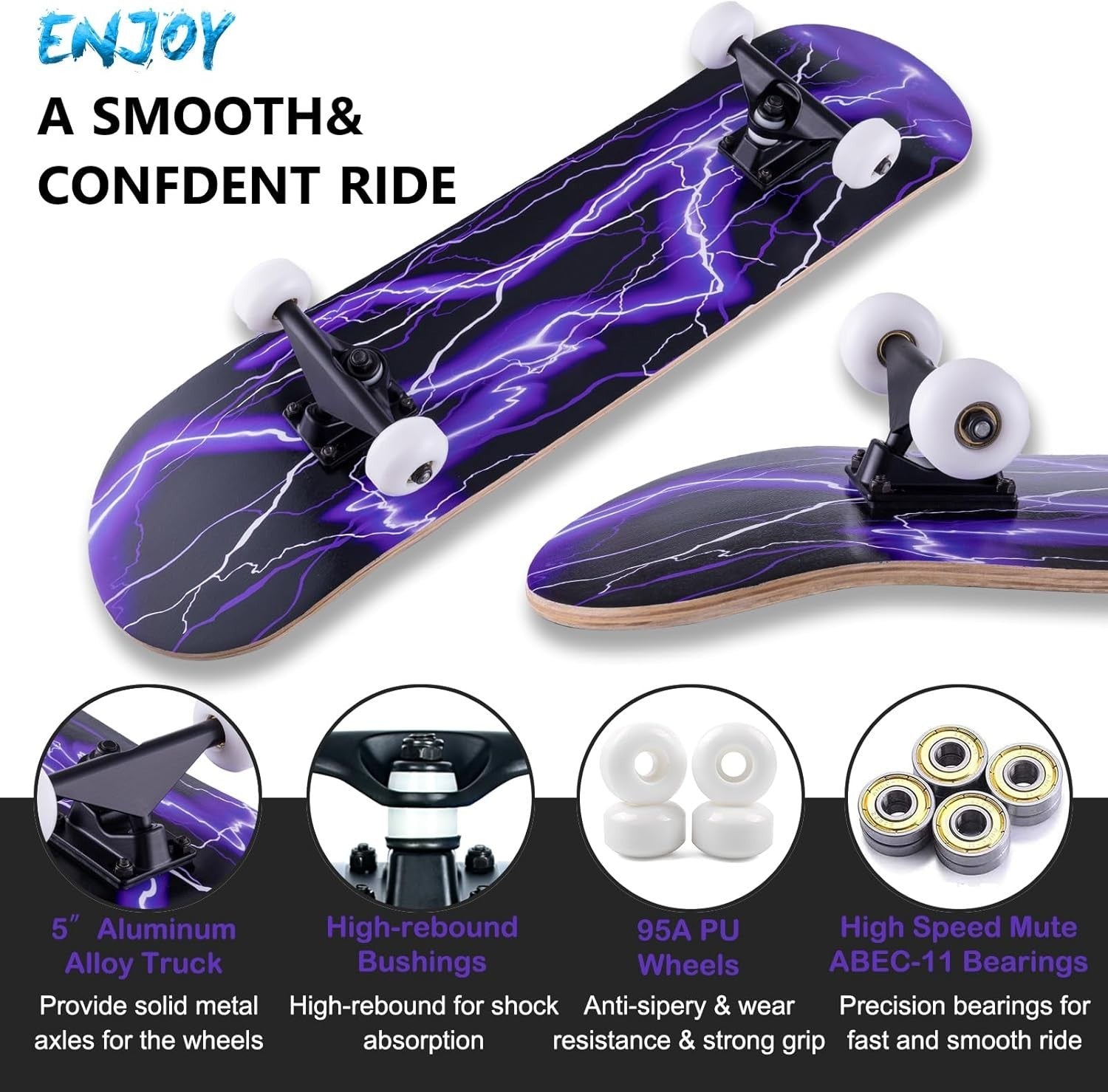 31x8 Complete Maple Skateboard Double Kick Purple Cruiser Kids Teens Adult