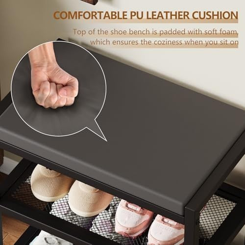 Black Shoe Bench with Cushion & Sturdy Metal Frame, Storage Rack Seat