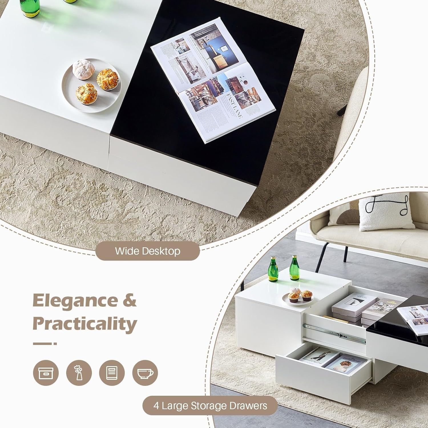Modern High Gloss Coffee Table with 3 Drawers & Hidden Storage 100x60x40cm