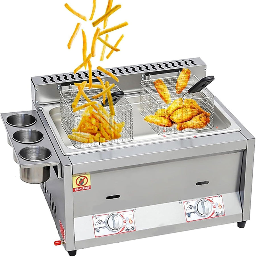 Commercial Gas Deep Fryer Double Tank 18L Stainless Steel Adjustable Heat