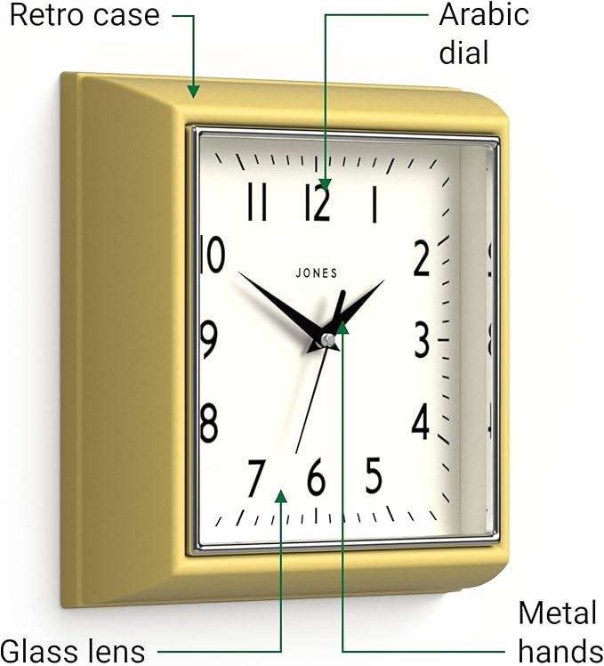Mustard Yellow Retro Square Wall Clock 25cm Silent Quartz Easy Read Kitchen Offi