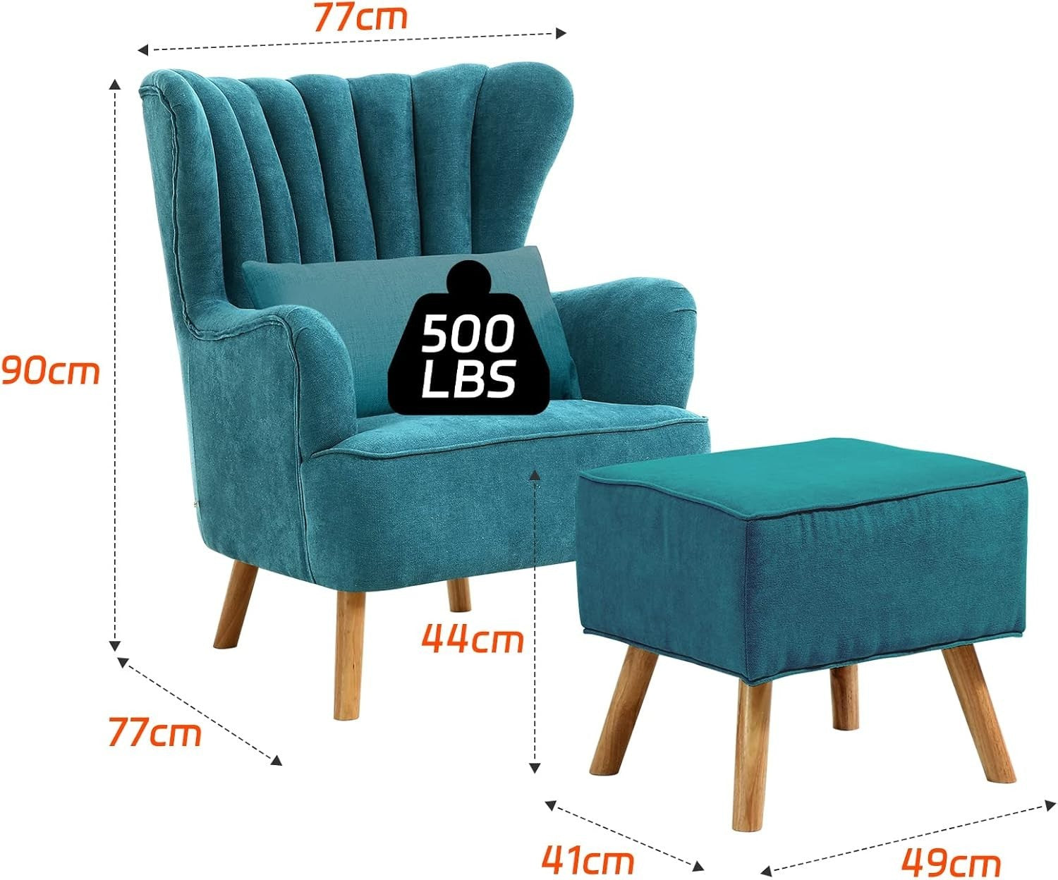 Teal Linen Wingback Tub Chair with Footstool, Wooden Legs, Lounge Sofa