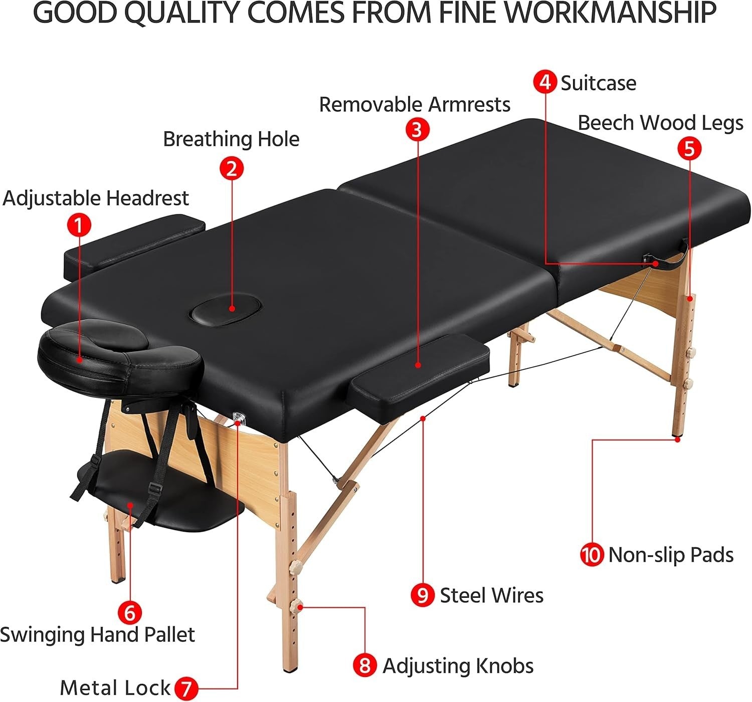 Portable Wood Massage Table 2-Section Folding Beauty Lash Bed Black 70cm Width