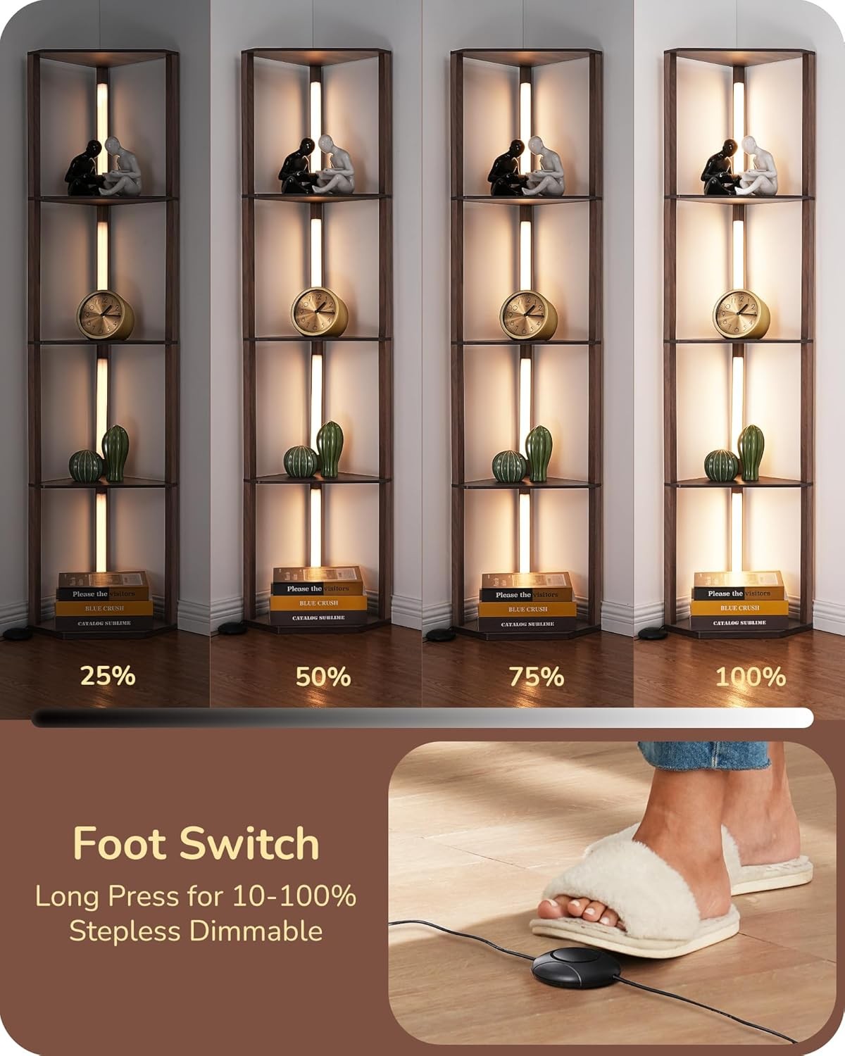 LED Floor Lamp with Shelves Dimmable Corner Standing Display Light