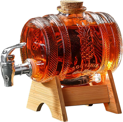Luxury 1L Barrel Glass Drink Dispenser with Tap & Wooden Stand | Whiskey Beer Ju