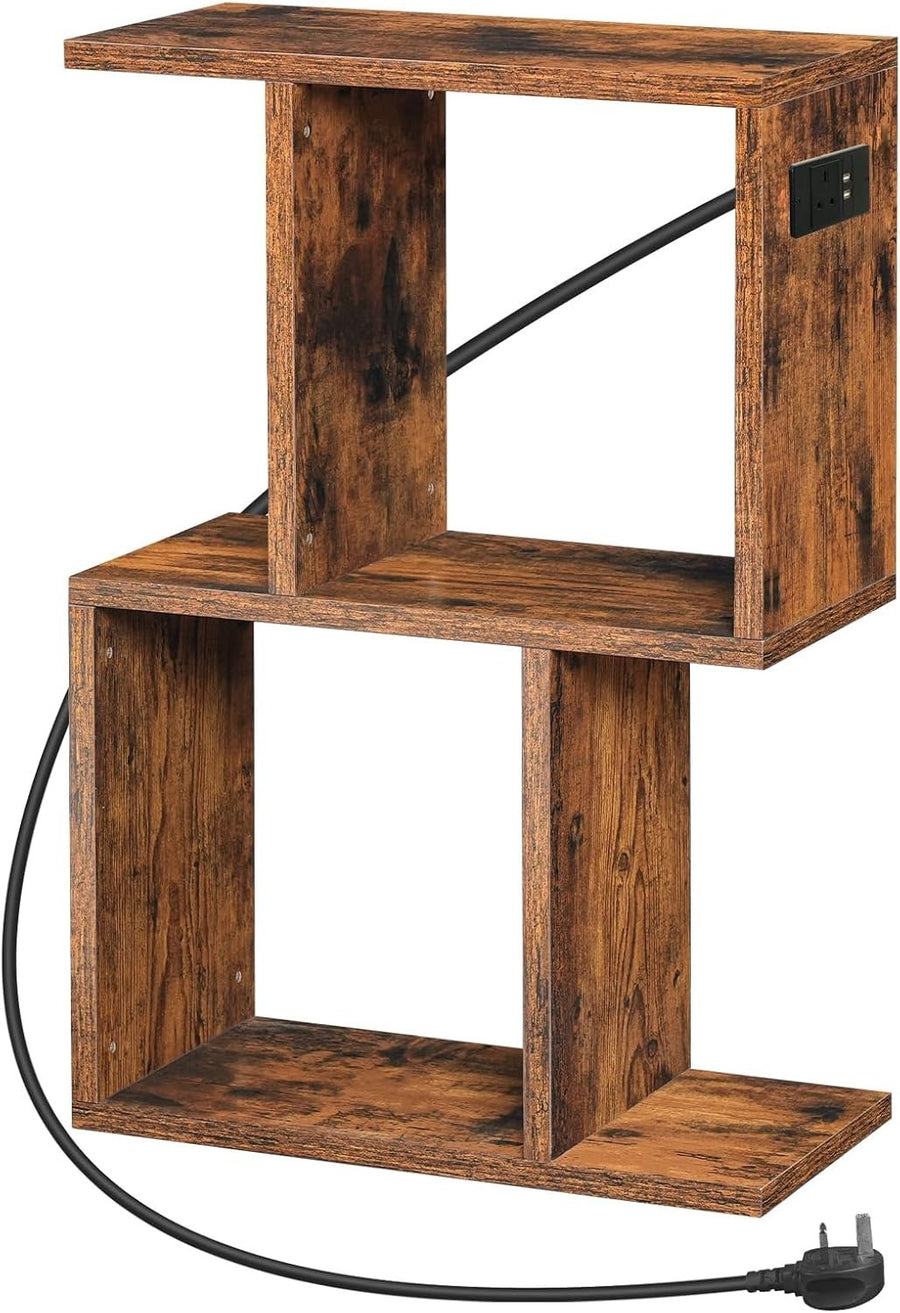Slim S-Shaped Side Table w/ USB & AC Outlet | Narrow Bedside & End Table