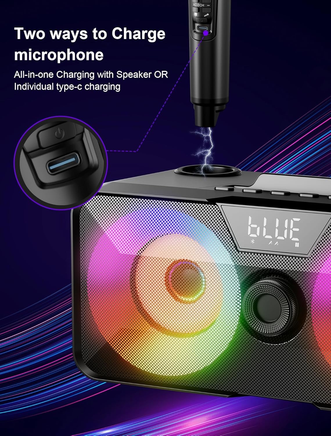 Karaoke Machine with 2 UHF Wireless Mics Bluetooth LED Speaker