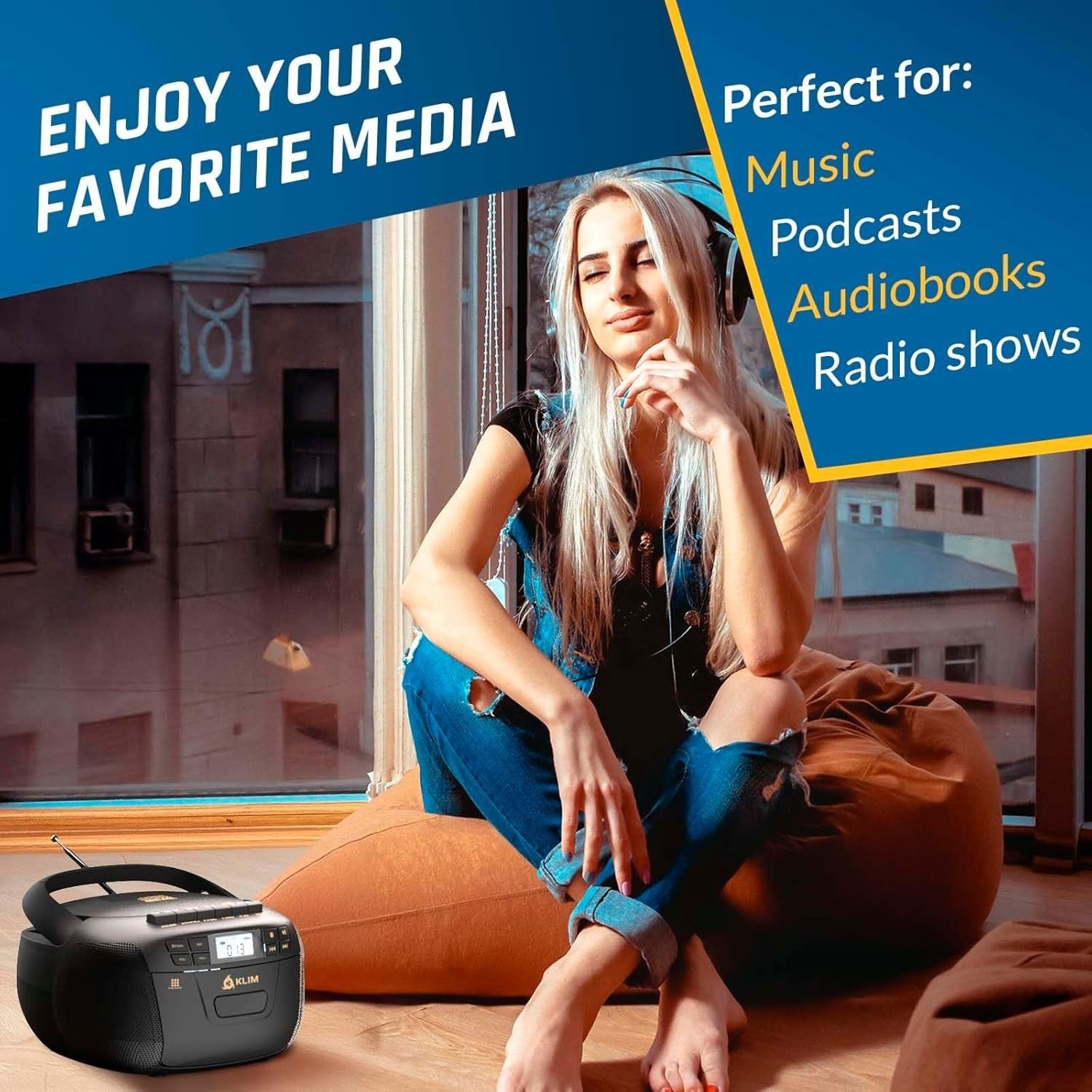 CD Cassette Player Boombox Bluetooth AM FM Radio USB AUX Black Gold