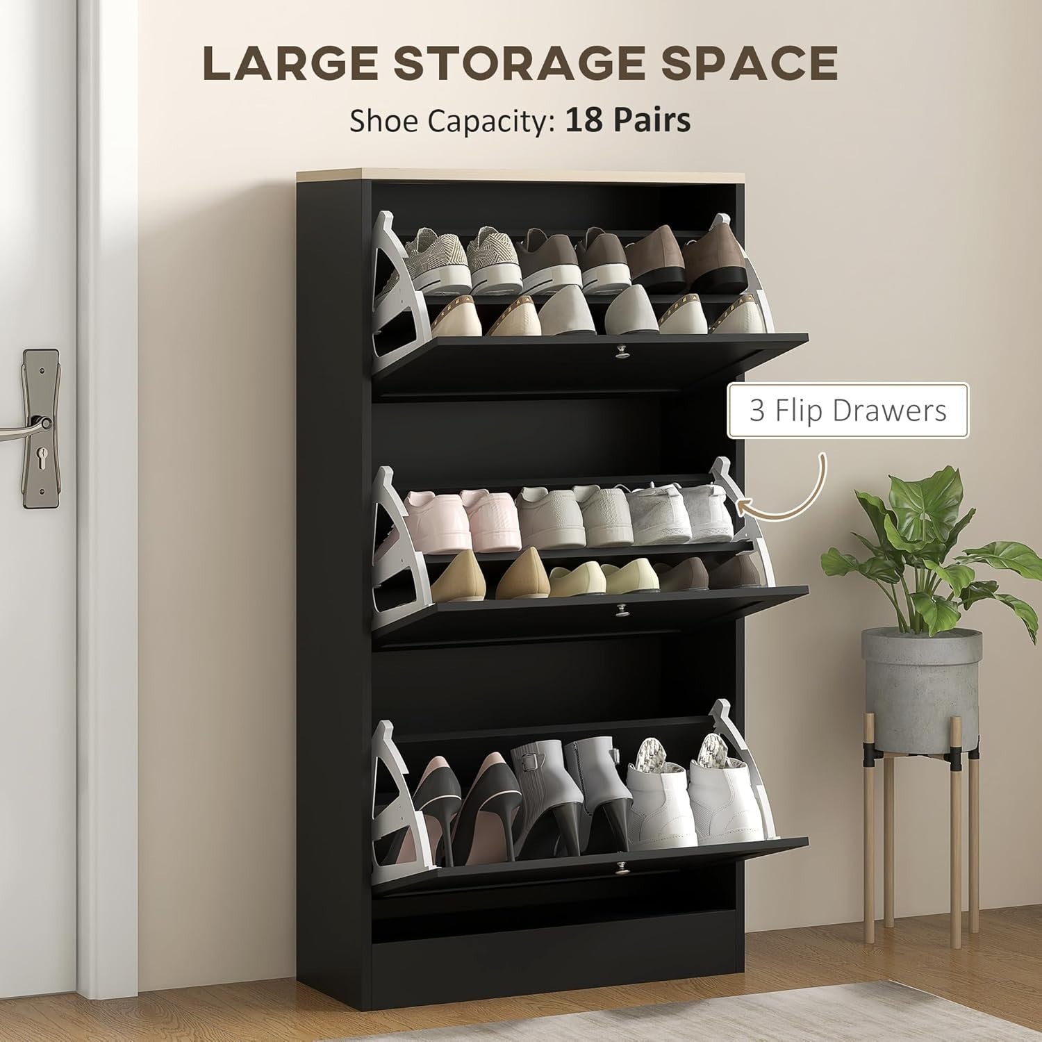 Slim Black Shoe Cabinet 3 Flip Drawers Adjustable Shelves Space Saving Rack