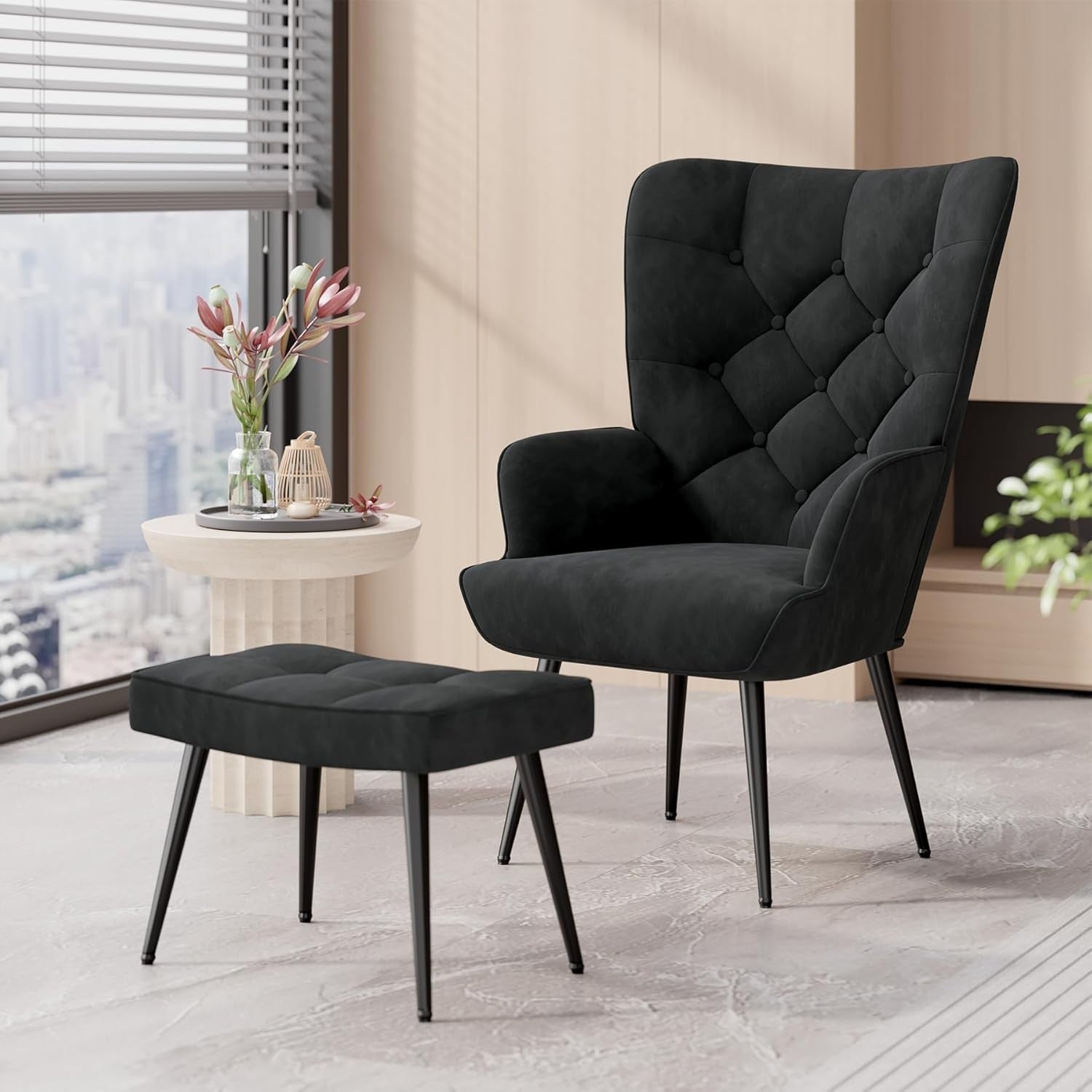 Black Velvet Wingback Chair w/ Footstool Gold Legs Accent Lounge Seat