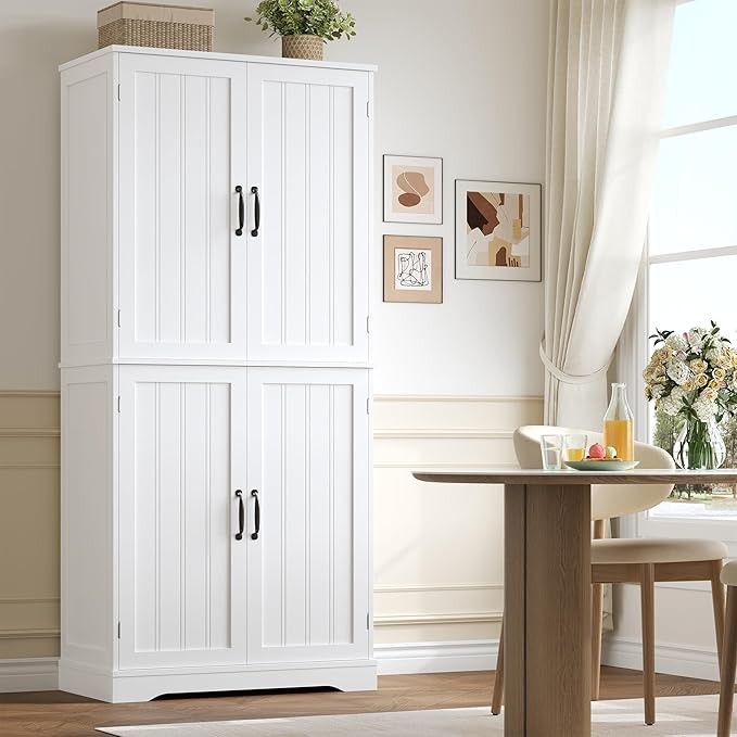 Modern White Tall Kitchen Storage Cabinet 180cm Pantry Cupboard with 4 Doors