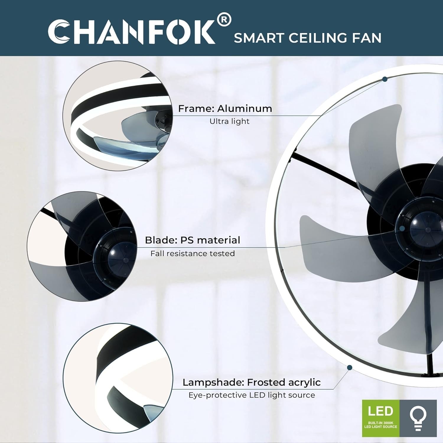 20" Smart Ceiling Fan Light, Alexa/Google, 6 Speeds, APP, Remote, Black