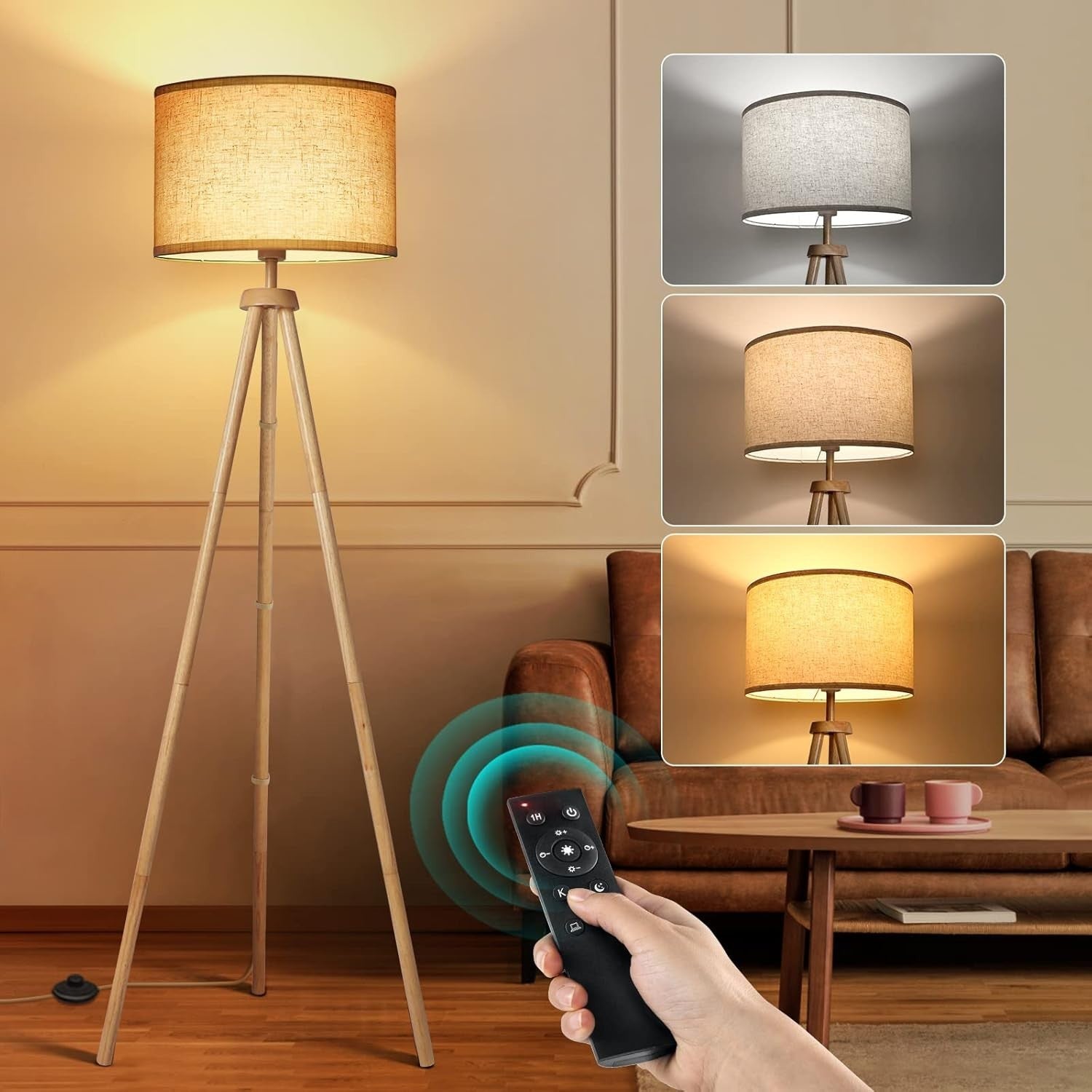 Wooden Tripod Floor Lamp Dimmable LED with Remote Linen Shade 160cm