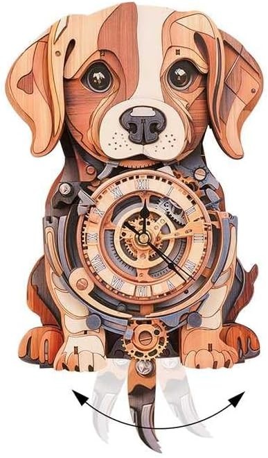 3D Wooden Beagle Dog Puzzle Wall Clock with Pendulum, DIY Gift