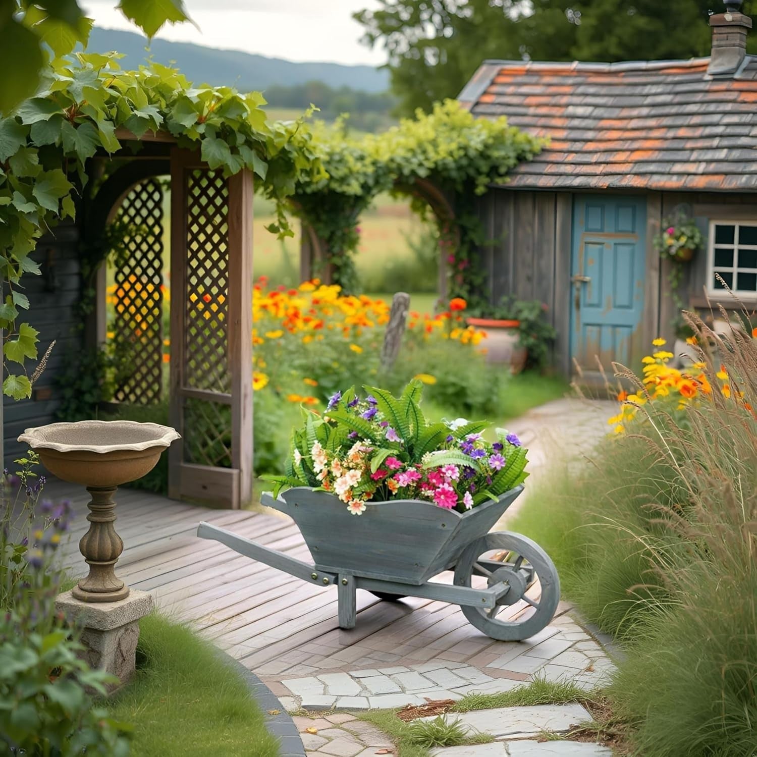 69cm Wooden Wheelbarrow Planter – Grey – Rustic Outdoor Garden Decor w/ Handles