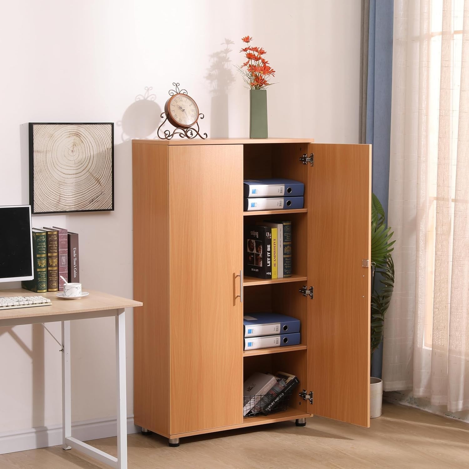 Beech Office Storage Cabinet Lockable 2 Door Cupboard Adjustable Shelves