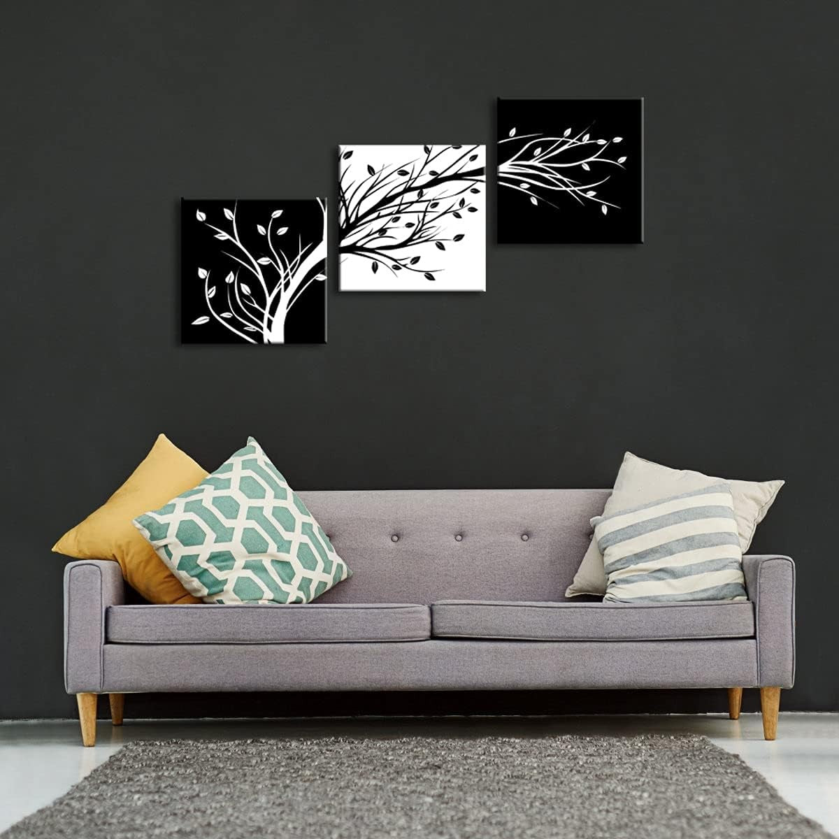 Black & White 3-Panel Leaves Canvas Wall Art 30x30cm Modern Decor