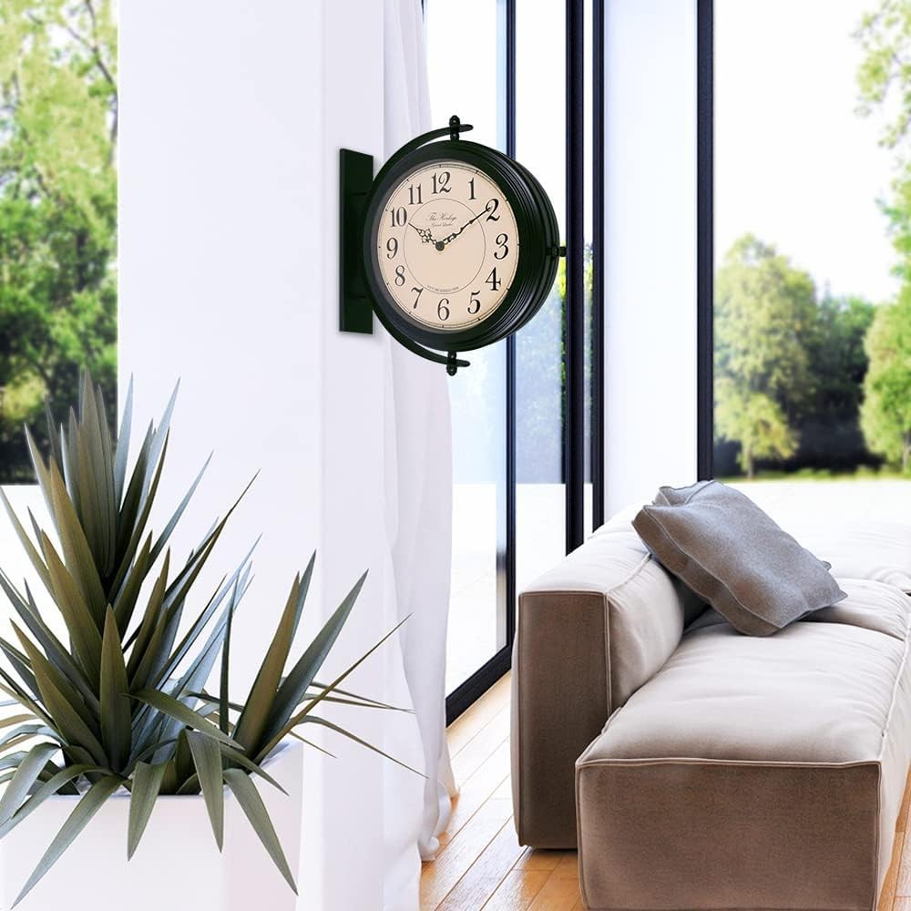 16” Double Sided Wall Clock Black Iron Retro Station Outdoor Indoor Decor