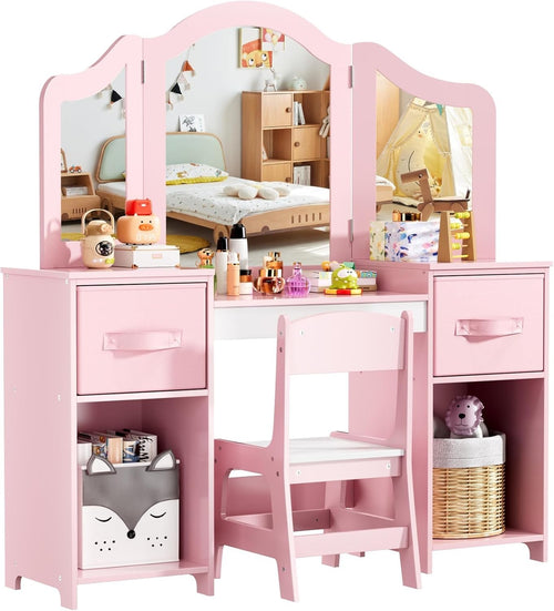Kids Vanity Dressing Table Set with Tri-Fold Mirror, Stool & Storage Pink