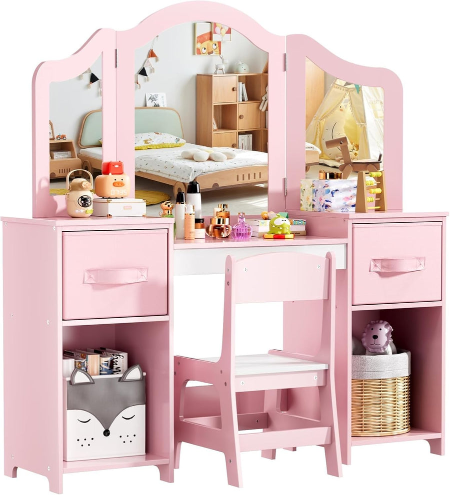 Kids Vanity Dressing Table Set with Tri-Fold Mirror, Stool & Storage Pink