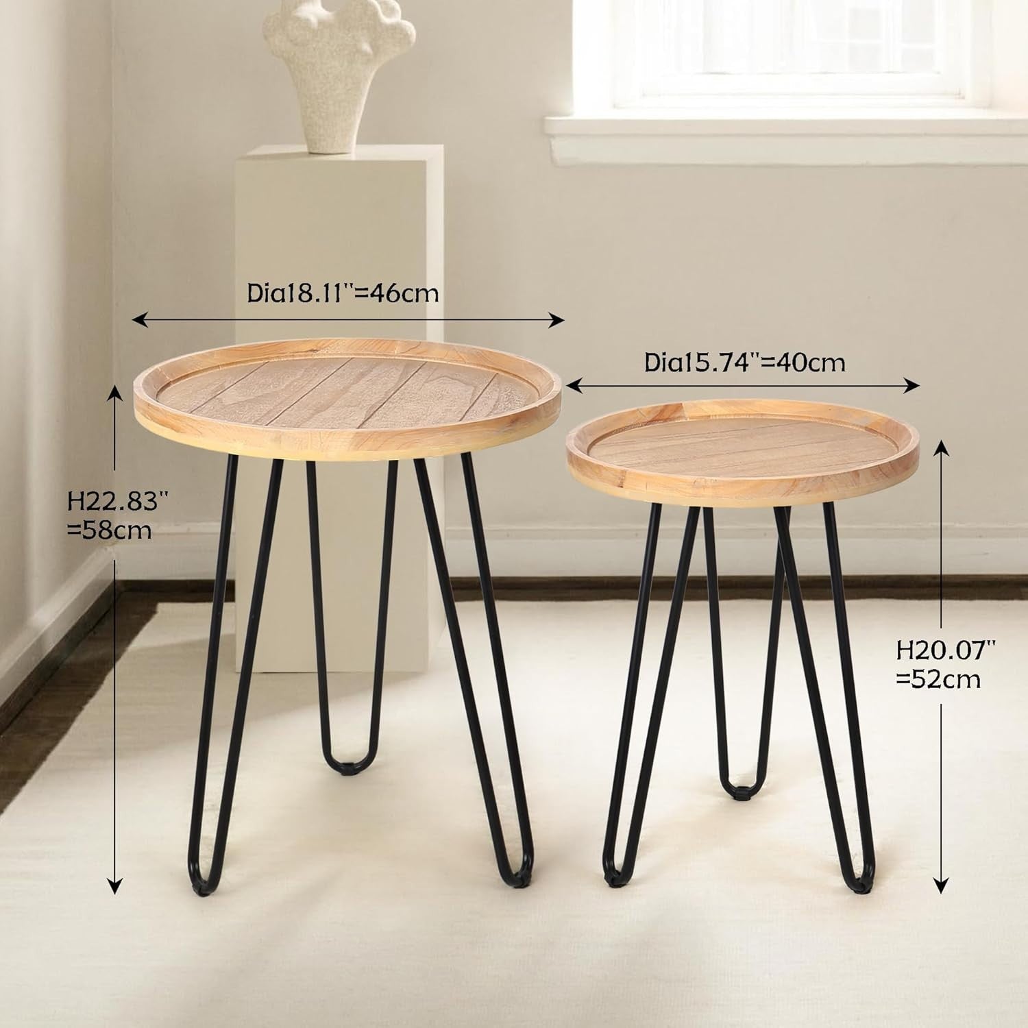 Round Wood Nesting Coffee Table Set of 2 End Side Tables Metal Frame Natural