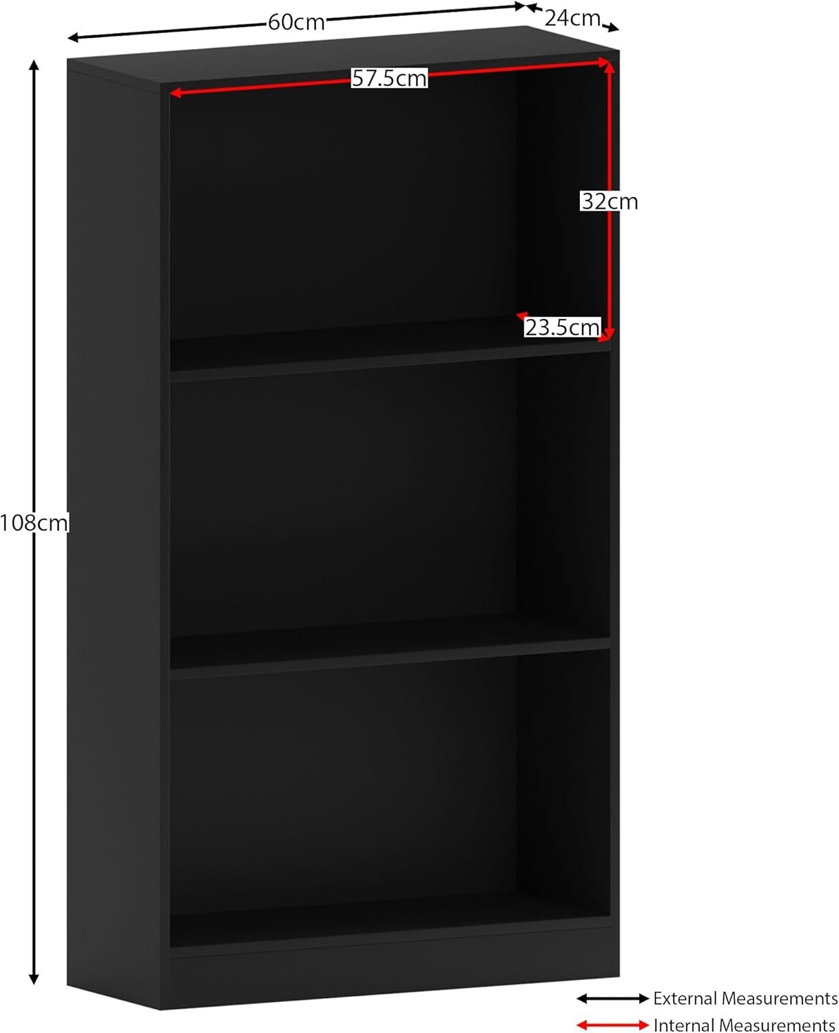 3 Tier Black Wooden Bookcase Modern Storage Display Shelf for Living Room Medium