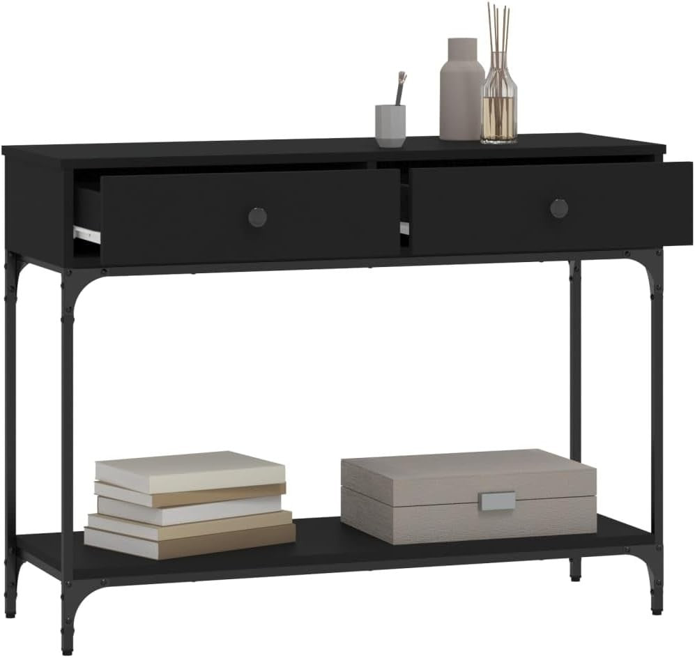 Black Console Table with Storage Drawers & Shelf 34.5x100x75cm