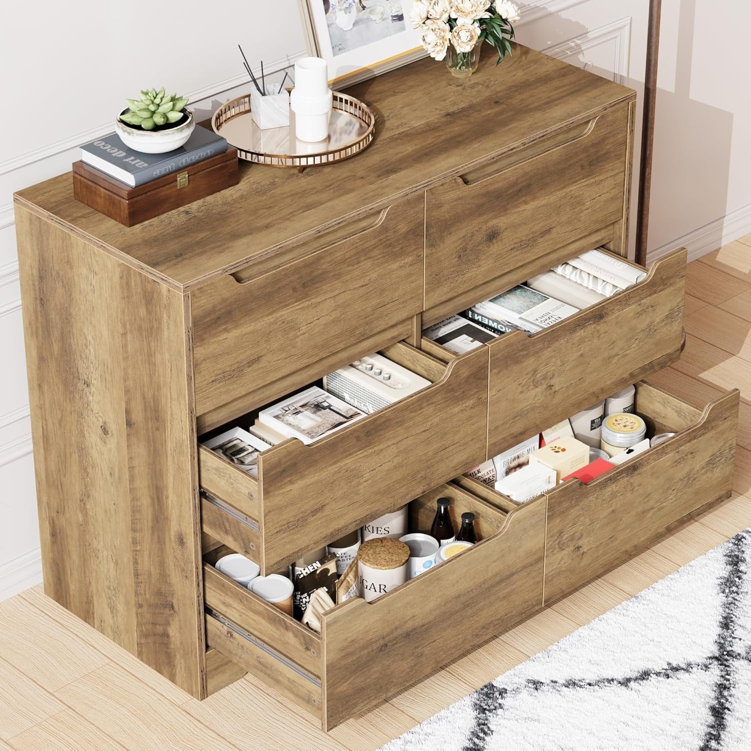 6 Drawer Wood Chest Bedroom Storage Cabinet Handleless Modern Unit