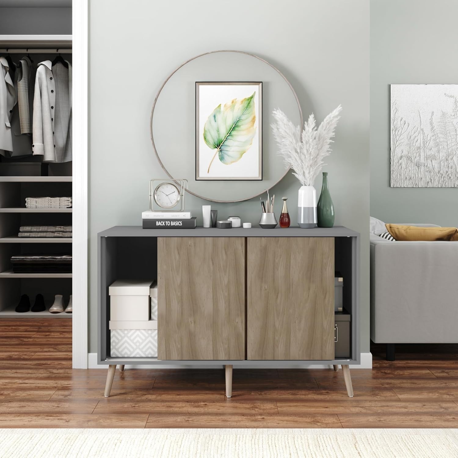 Oak Sliding Sideboard Cabinet Grey Unit 3 Door Storage Beech Legs