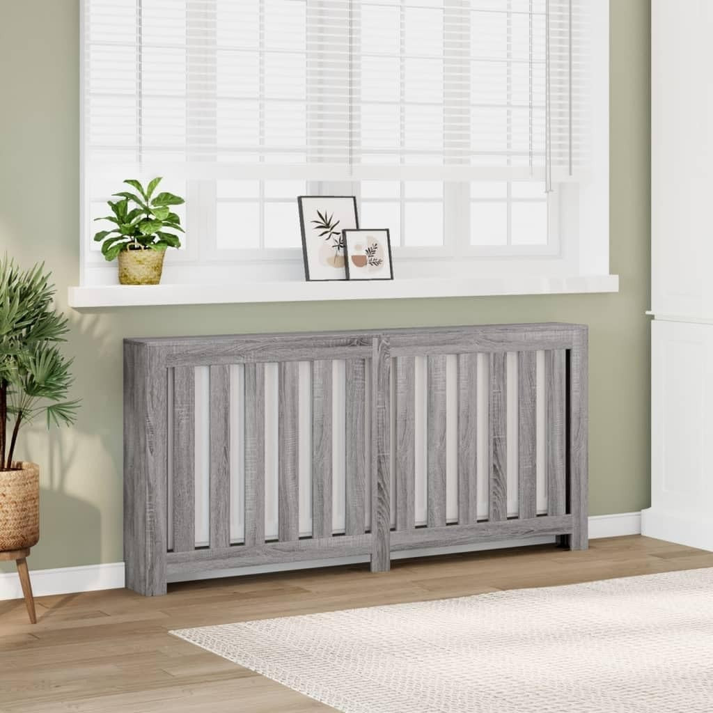 Grey Radiator Cover Cabinet 175x20x82cm | Modern Slatted Heater Cover with Shelf