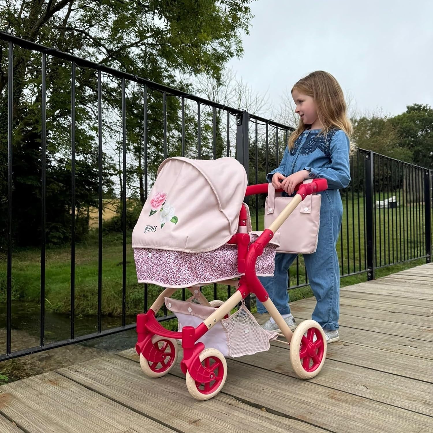 2-in-1 Dolls Pram Carrycot & Seat Adjustable Handle Cream & Berry Red Stroller