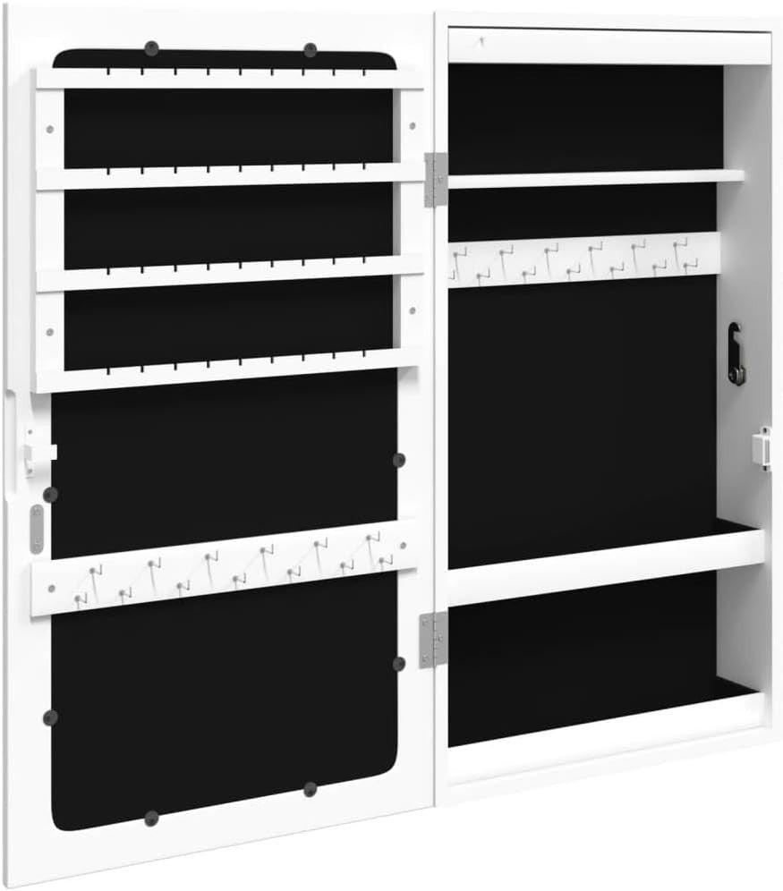 Wall Mounted LED Mirror Jewelry Cabinet Lockable Organizer Storage White