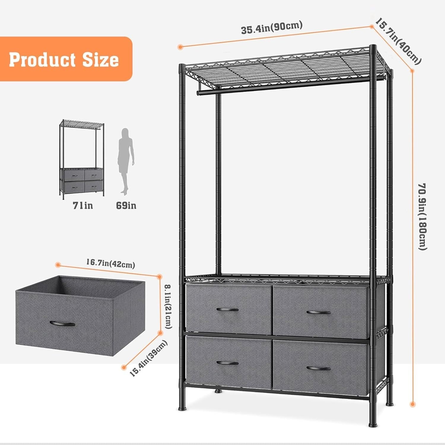Heavy Duty Clothes Rail with 4 Drawers Metal Garment Rack