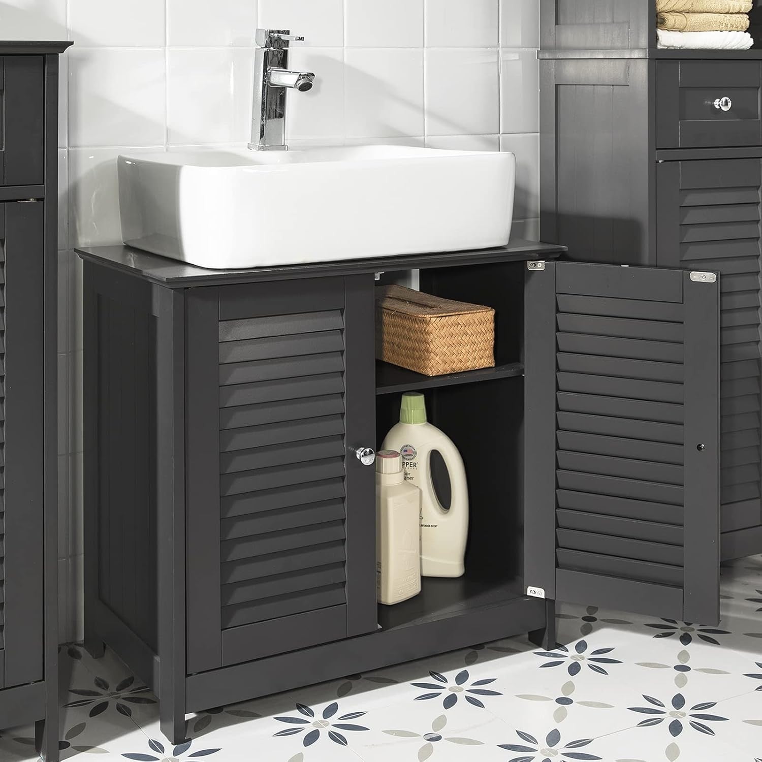 Dark Grey Under Sink Bathroom Cabinet – Louvered Door Storage Unit 60x35x58cm