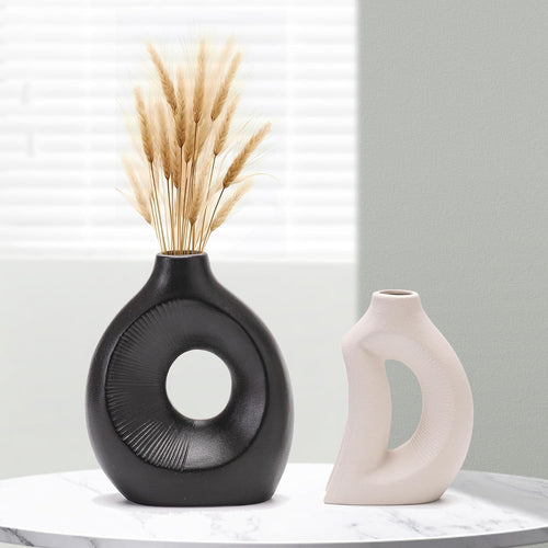 Ceramic Vase of 2 Minimalist Hollow Sculptural Decor for Pampas Grass