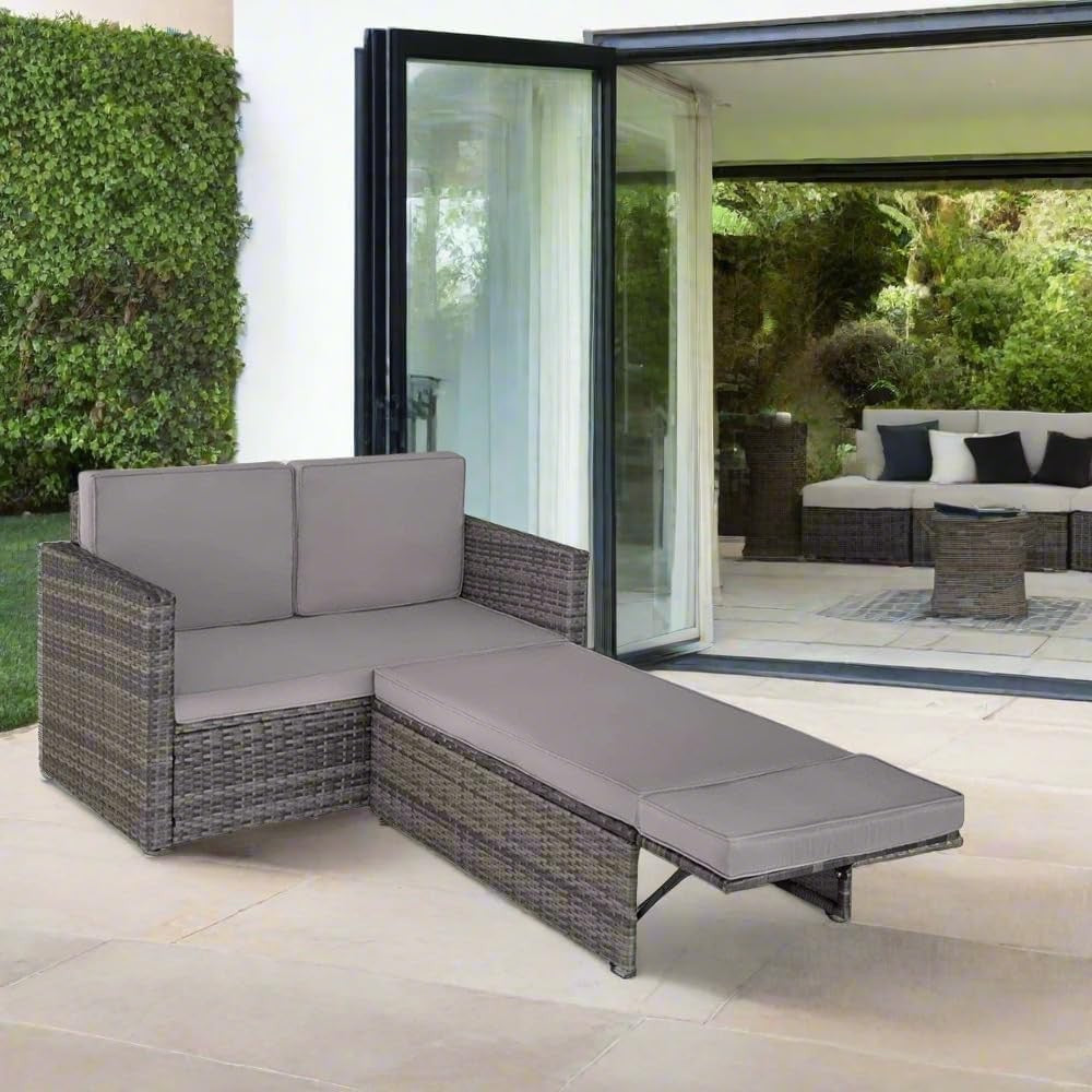 Outdoor Rattan Garden Sofa Set 2 Seater Lounge with Cushions & Extendable Footst