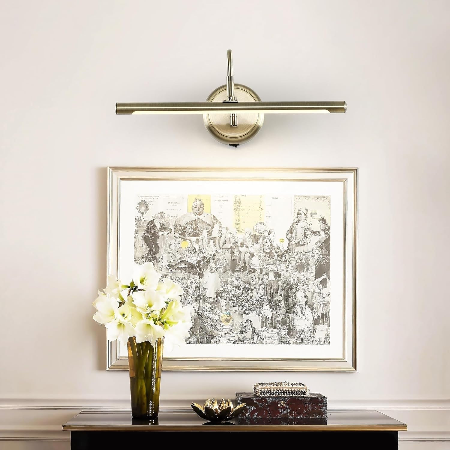 Wireless Antique Brass Wall Light with Adjustable Swing Arm, Dimmable 16.5"