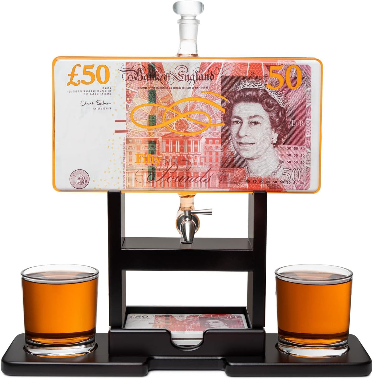 50 Pound Note Whiskey Decanter Set with Glasses Novelty Liquor Dispenser Gift