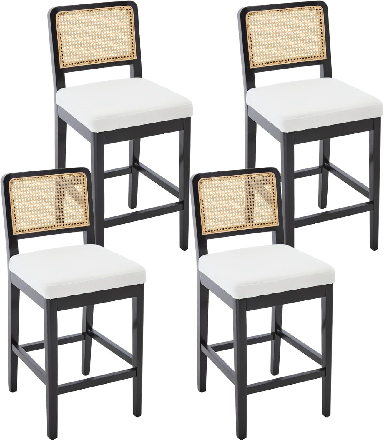 lack Linen Bar Stool Set of 4 with Rattan Back Wooden Legs
