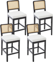 lack Linen Bar Stool Set of 4 with Rattan Back Wooden Legs
