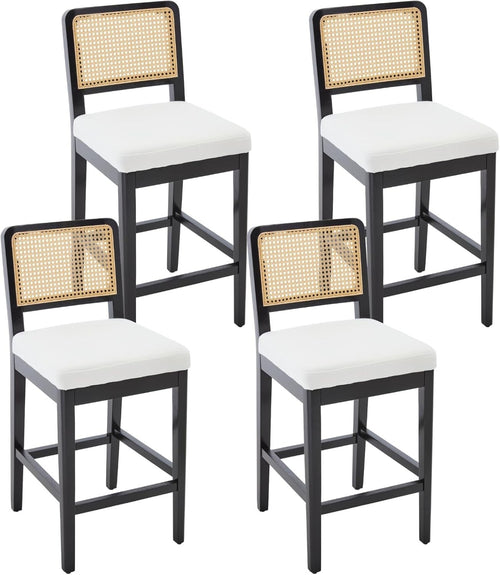 lack Linen Bar Stool Set of 4 with Rattan Back Wooden Legs