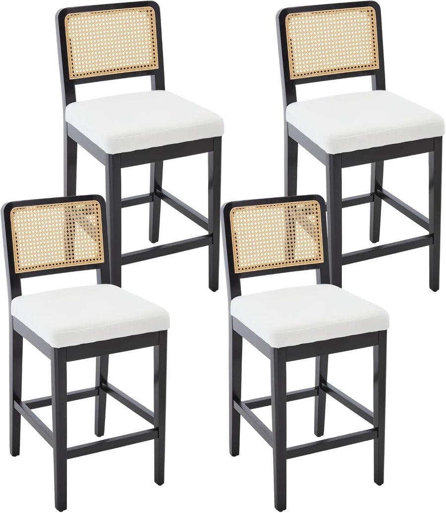 lack Linen Bar Stool Set of 4 with Rattan Back Wooden Legs