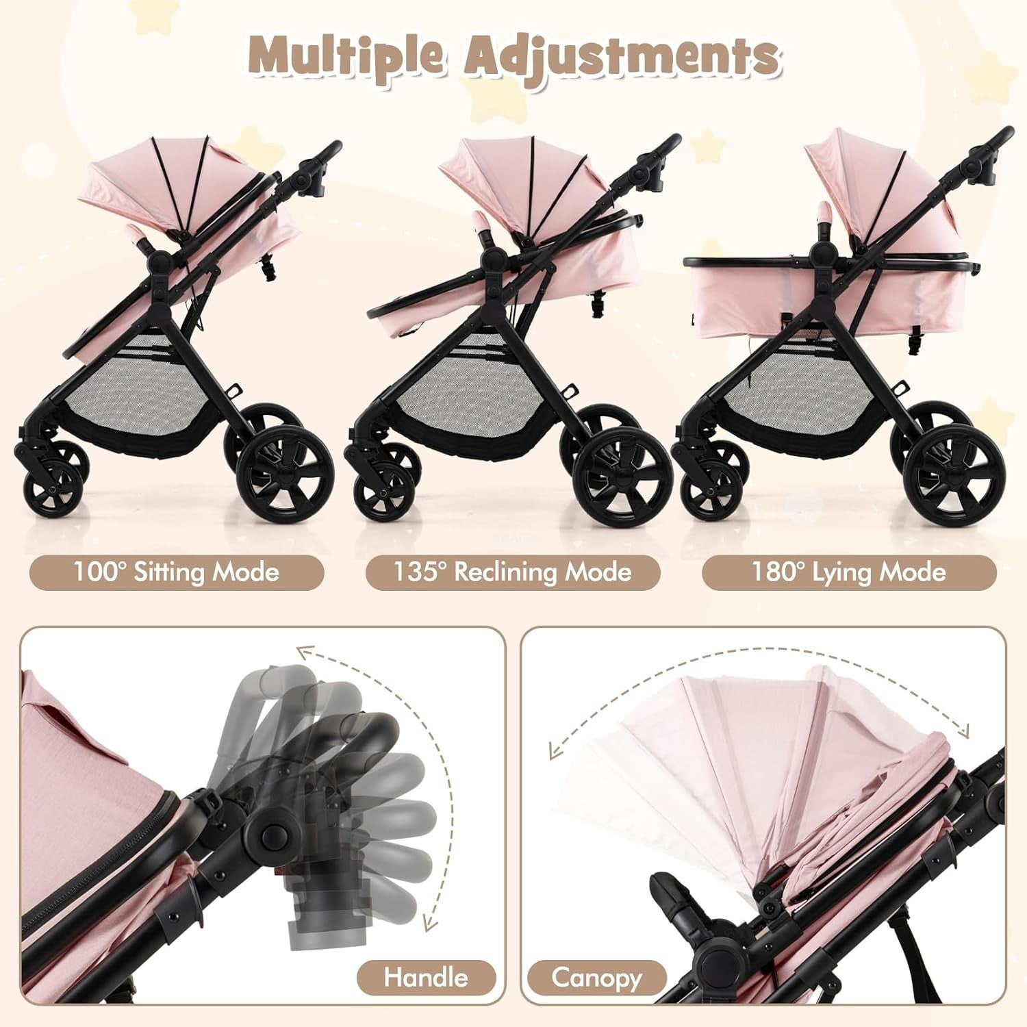 2in1 Baby Pushchair Foldable Pram Lightweight Reversible Seat Adjustable Canopy